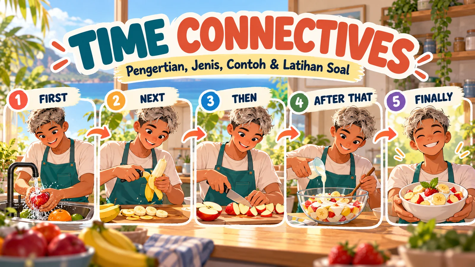 Ilustrasi time connectives dengan remaja laki-laki membuat salad buah melalui lima langkah: first, next, then, after that, dan finally.