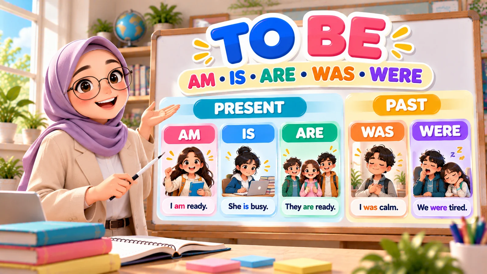 Ilustrasi penggunaan to be am, is, are, was, dan were dalam bahasa Inggris dengan guru berhijab serta contoh kalimat present dan past.