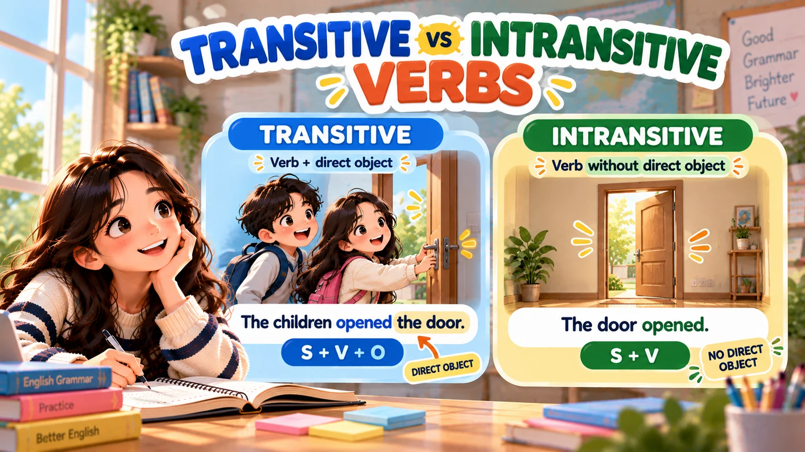 Ilustrasi transitive dan intransitive verbs dengan contoh The children opened the door dan The door opened dalam bahasa Inggris.