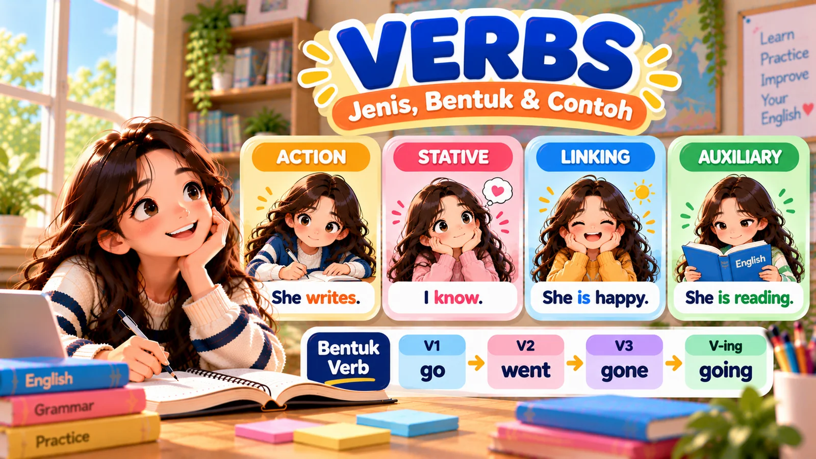 Ilustrasi verb bahasa Inggris dengan jenis action, stative, linking, auxiliary, serta perubahan kata kerja V1 V2 V3 dan V-ing.
