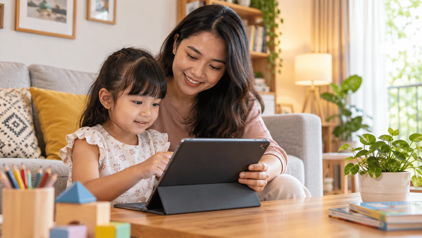 bu mendampingi anak perempuan menggunakan tablet di rumah, dengan buku dan pensil warna di meja.