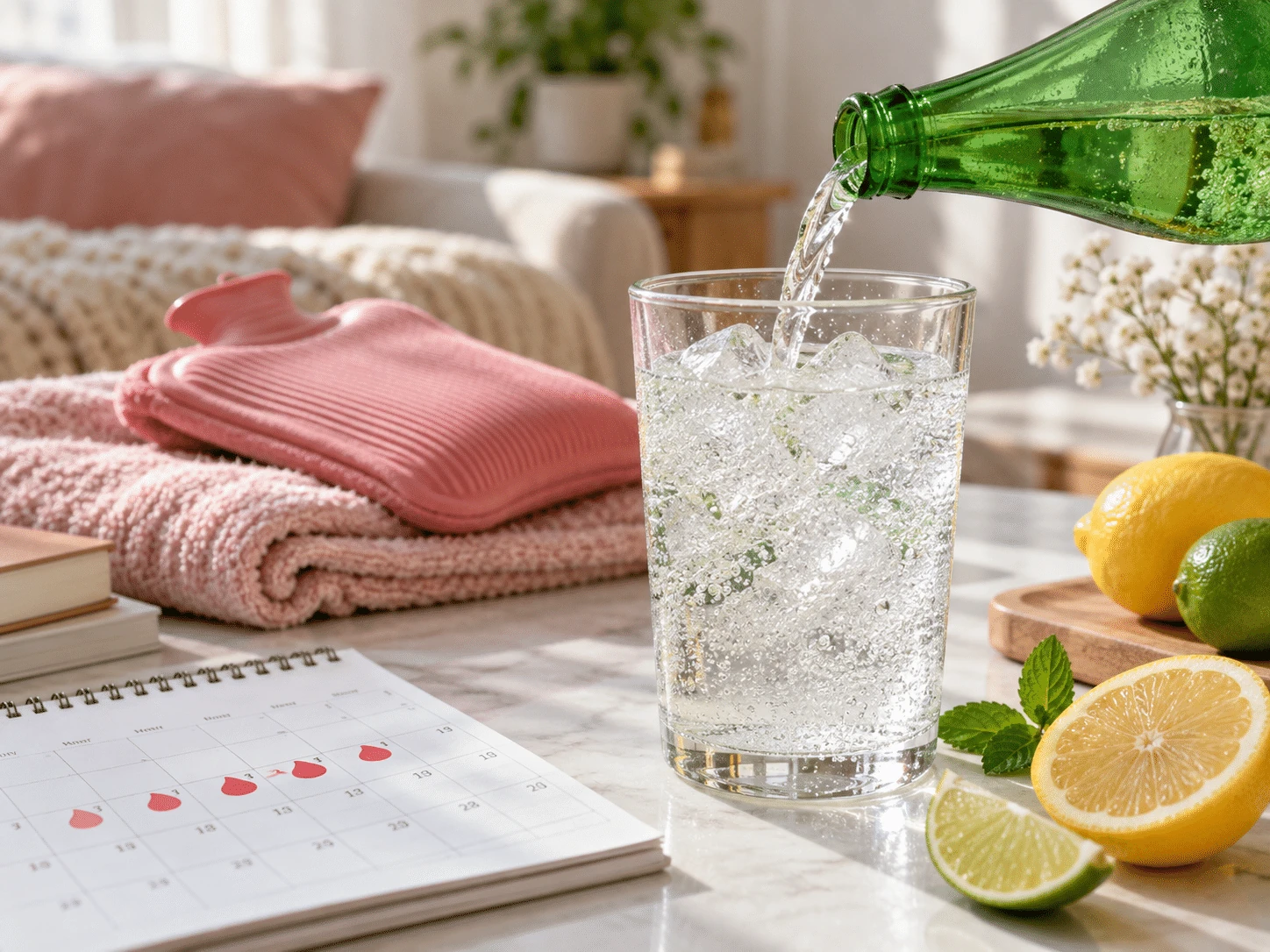 Minuman bersoda dituangkan ke gelas berisi es di samping lemon, kalender menstruasi, dan botol kompres hangat.