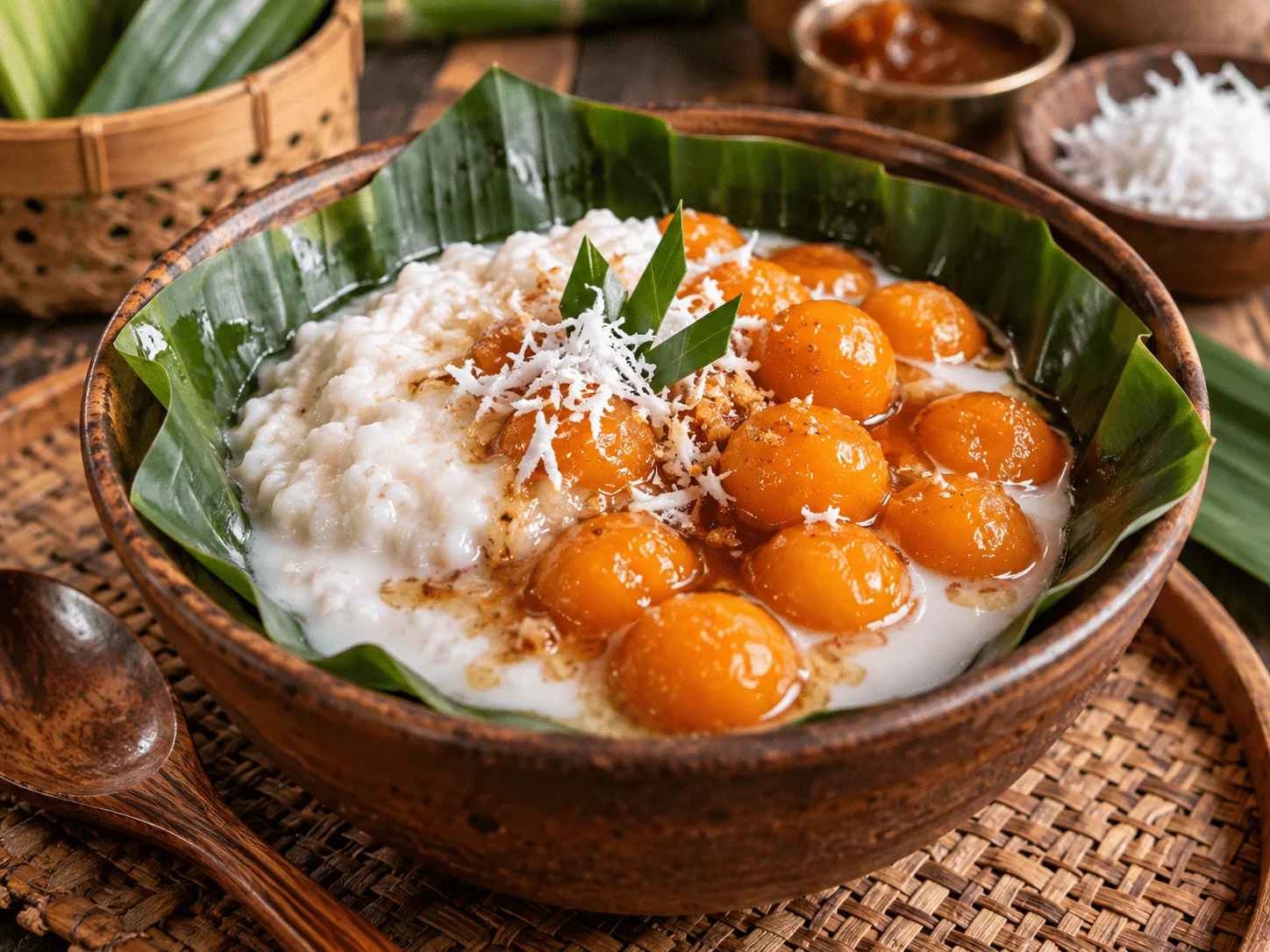 Bubur sumsum dengan bola-bola biji salak berwarna oranye, kuah santan, dan taburan kelapa parut dalam mangkuk beralas daun pisang.