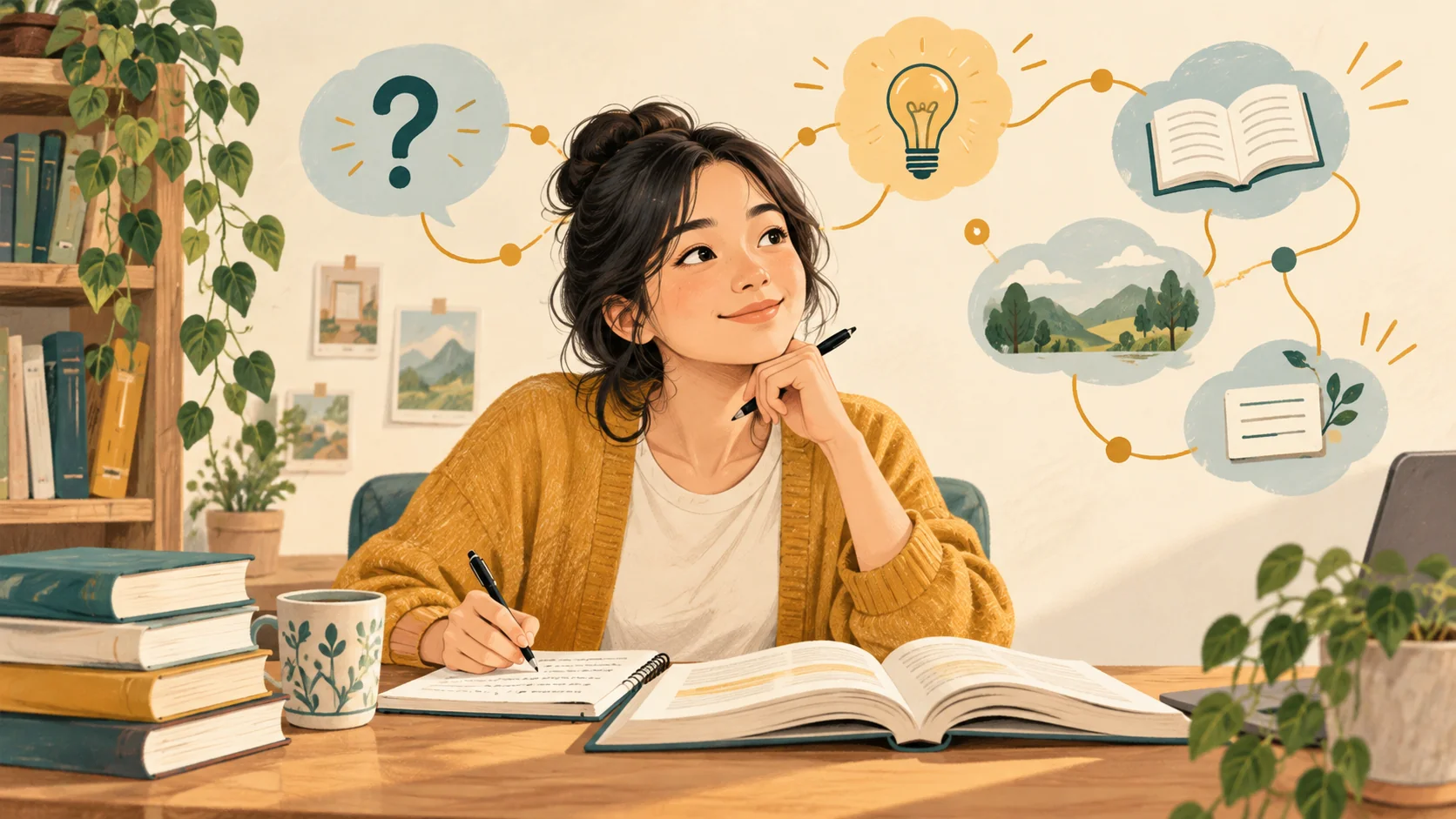 Ilustrasi pelajar mencatat sambil membaca buku, dengan simbol pertanyaan dan ide di sekelilingnya.