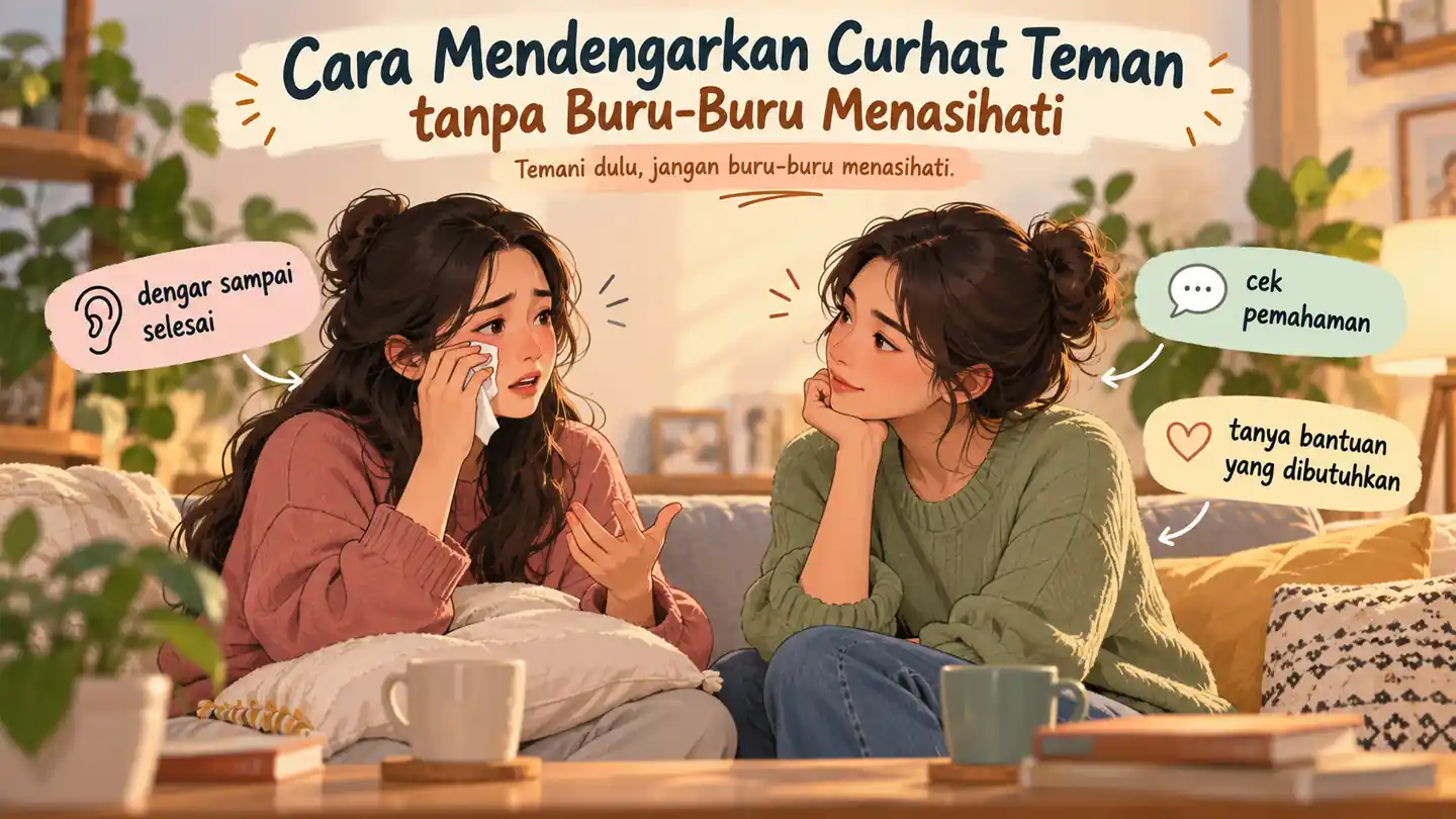 Ilustrasi cara mendengarkan curhat teman dengan empati, menampilkan dua perempuan berbincang, salah satunya menangis dan temannya mendengarkan.