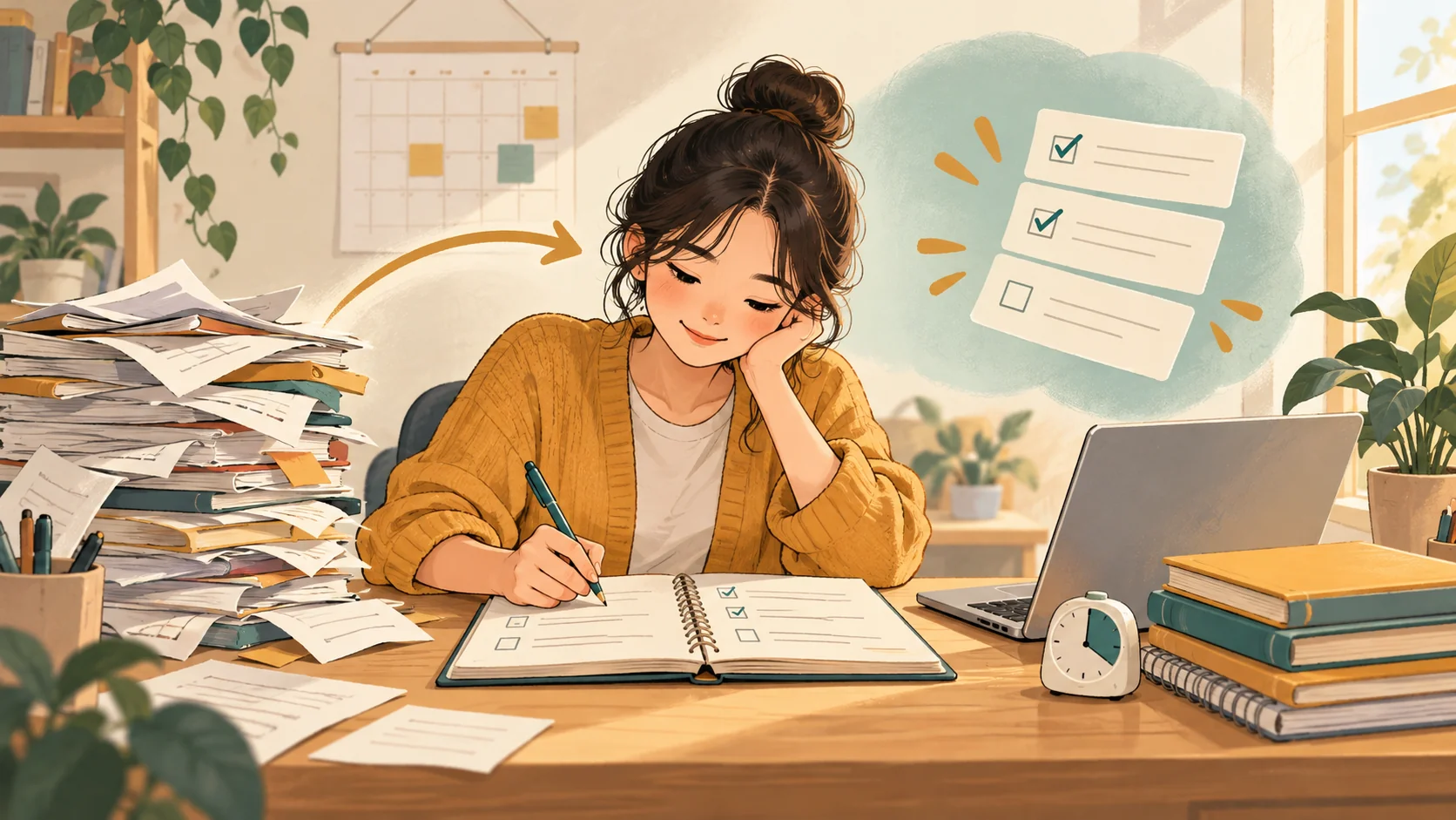 Ilustrasi pelajar menulis daftar tugas di meja dengan tumpukan kertas, laptop, kalender, dan pengatur waktu.