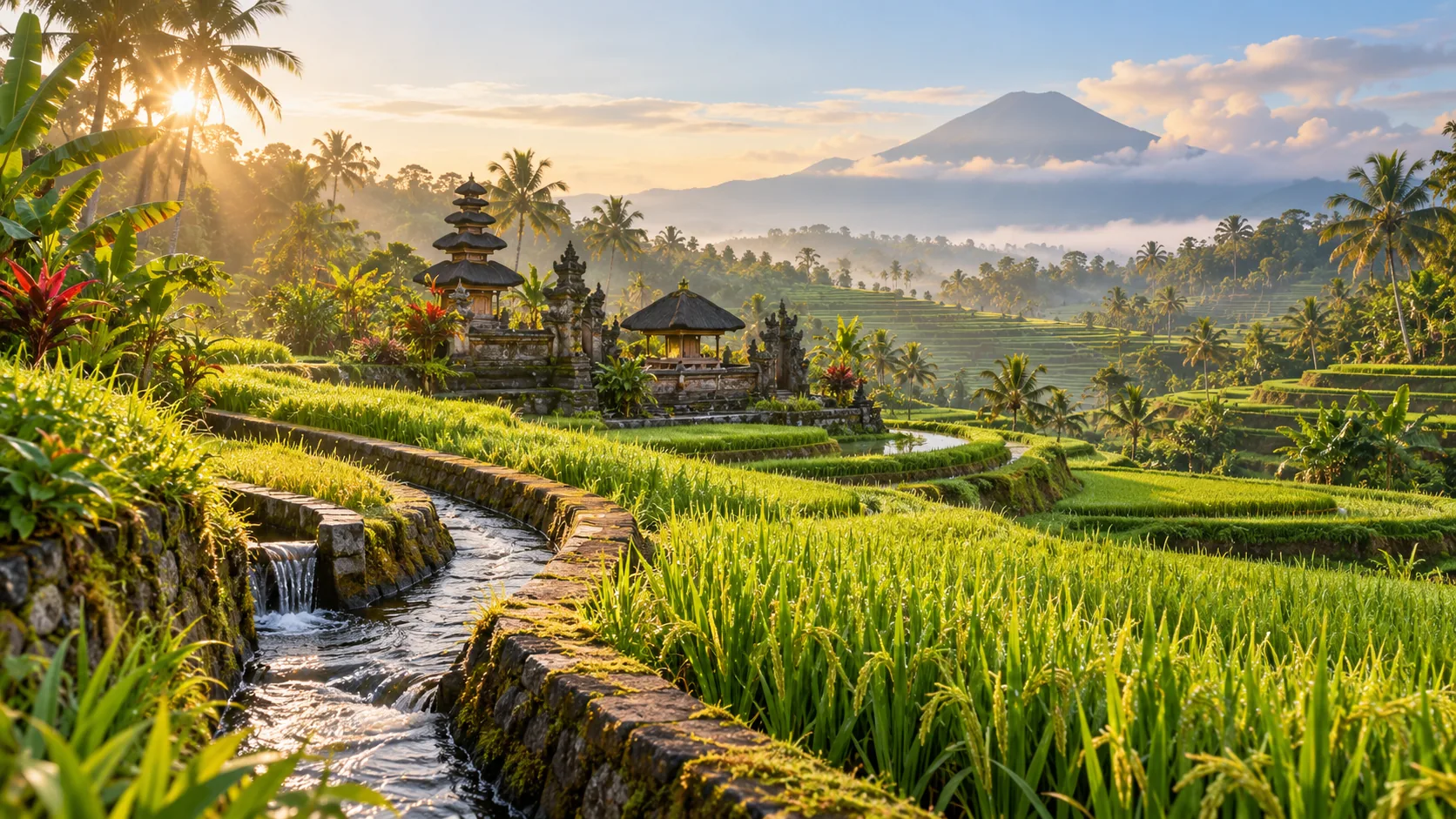 Ilustrasi AI saluran irigasi di antara sawah bertingkat dengan bangunan bergaya pura Bali dan pegunungan.