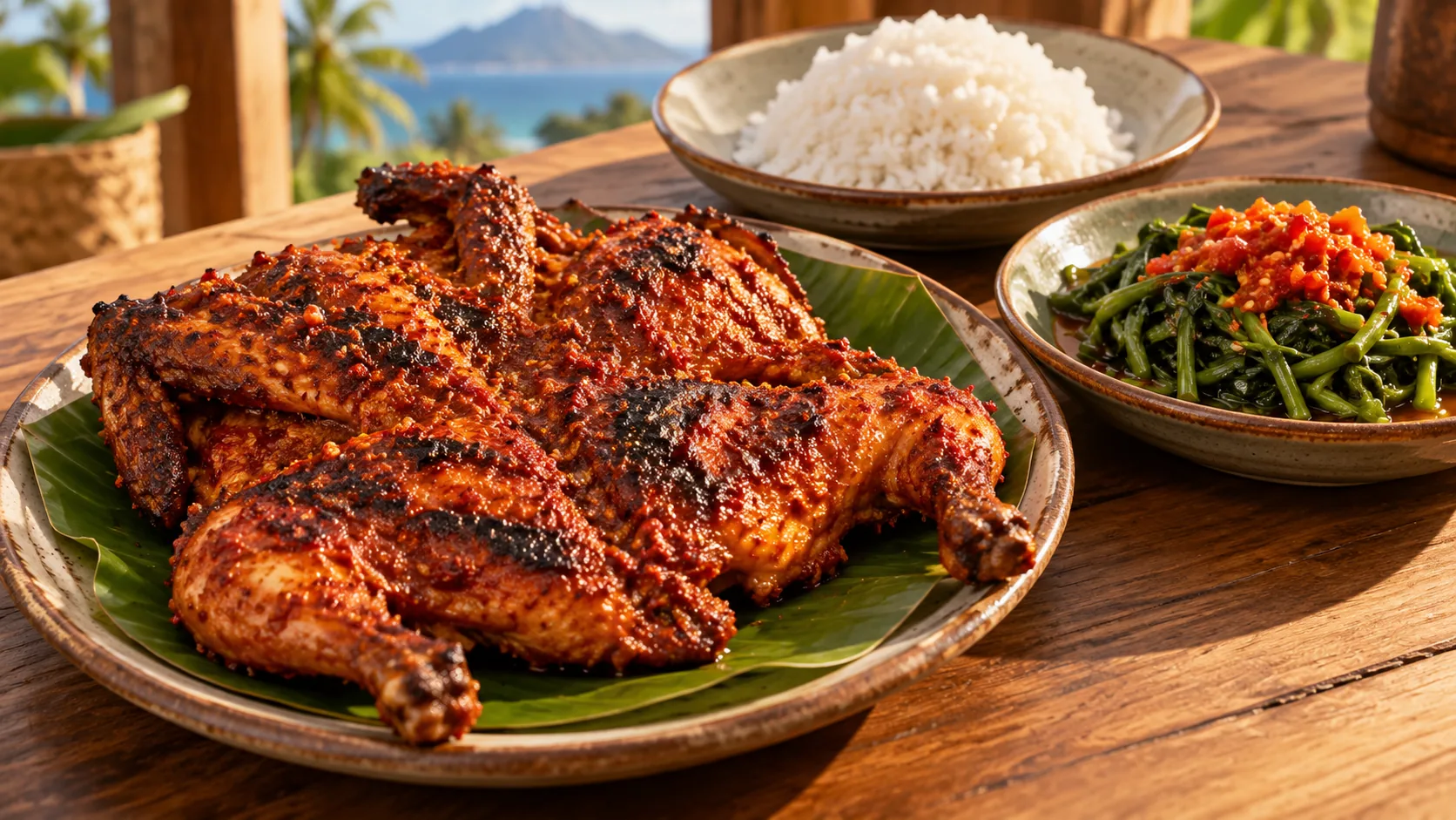 Ilustrasi AI ayam taliwang berbumbu merah di atas daun pisang, disajikan bersama nasi dan plecing kangkung.