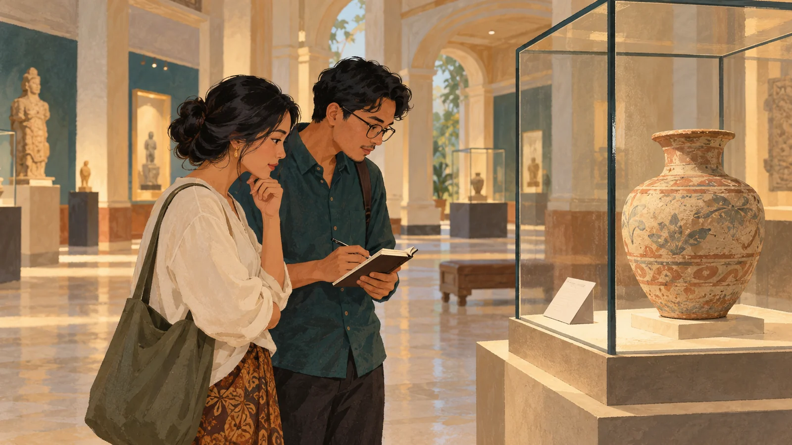 Dua pengunjung mengamati keramik dalam vitrin museum sambil membaca label dan membawa buku catatan.