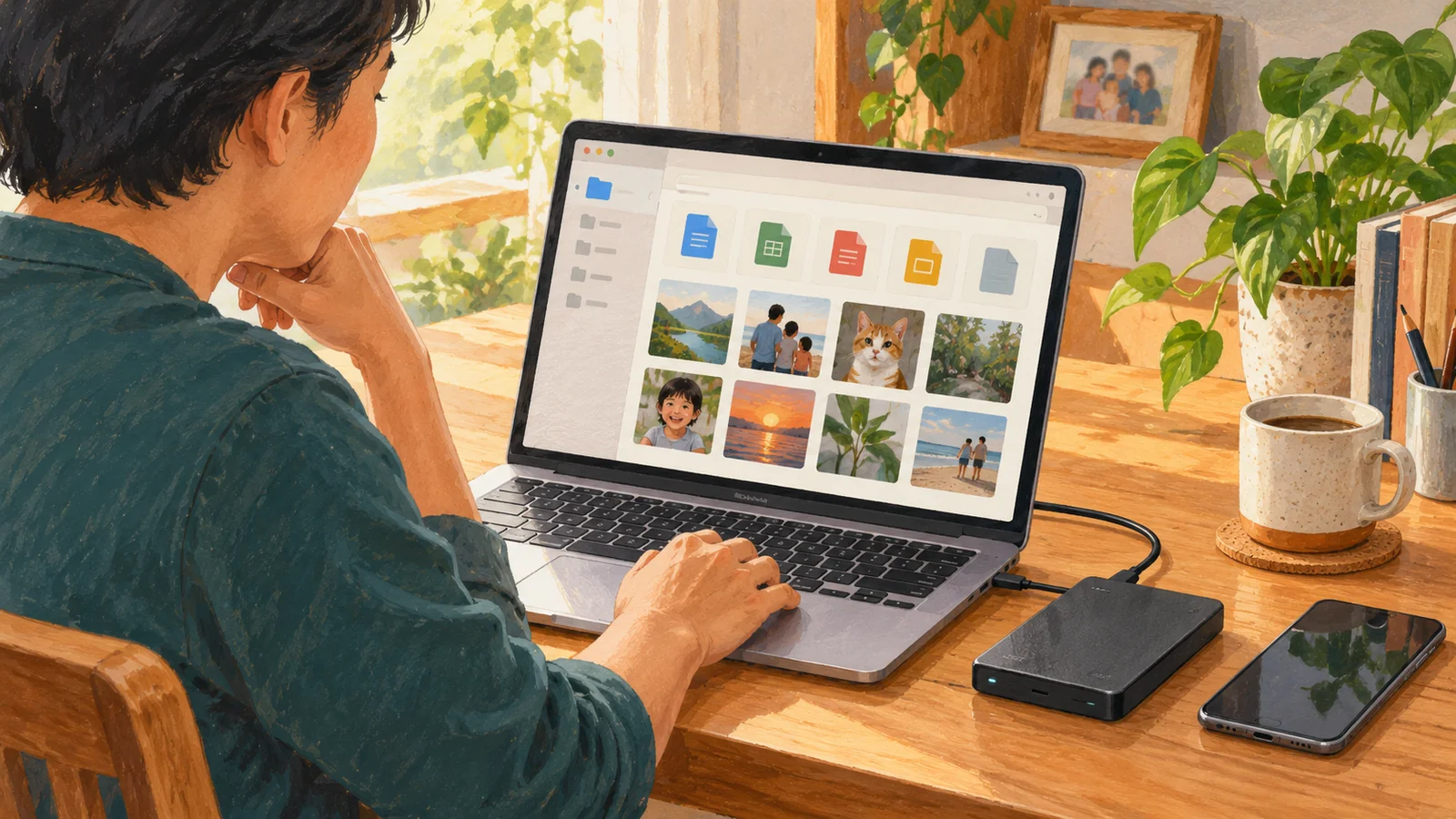 Seseorang memeriksa dokumen di laptop dengan drive eksternal dan ponsel di meja kerja.