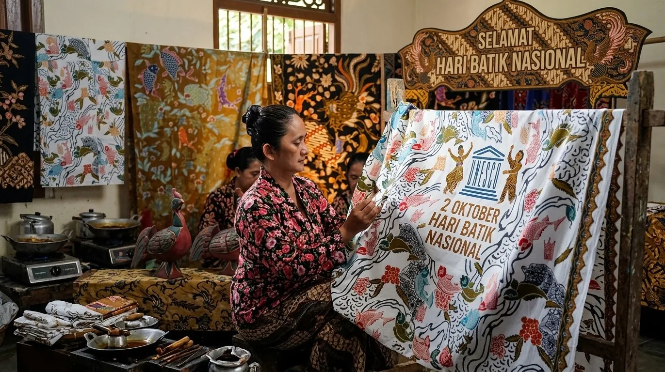 Perempuan memperlihatkan kain batik bermotif tradisional dalam ilustrasi peringatan Hari Batik Nasional 2 Oktober.