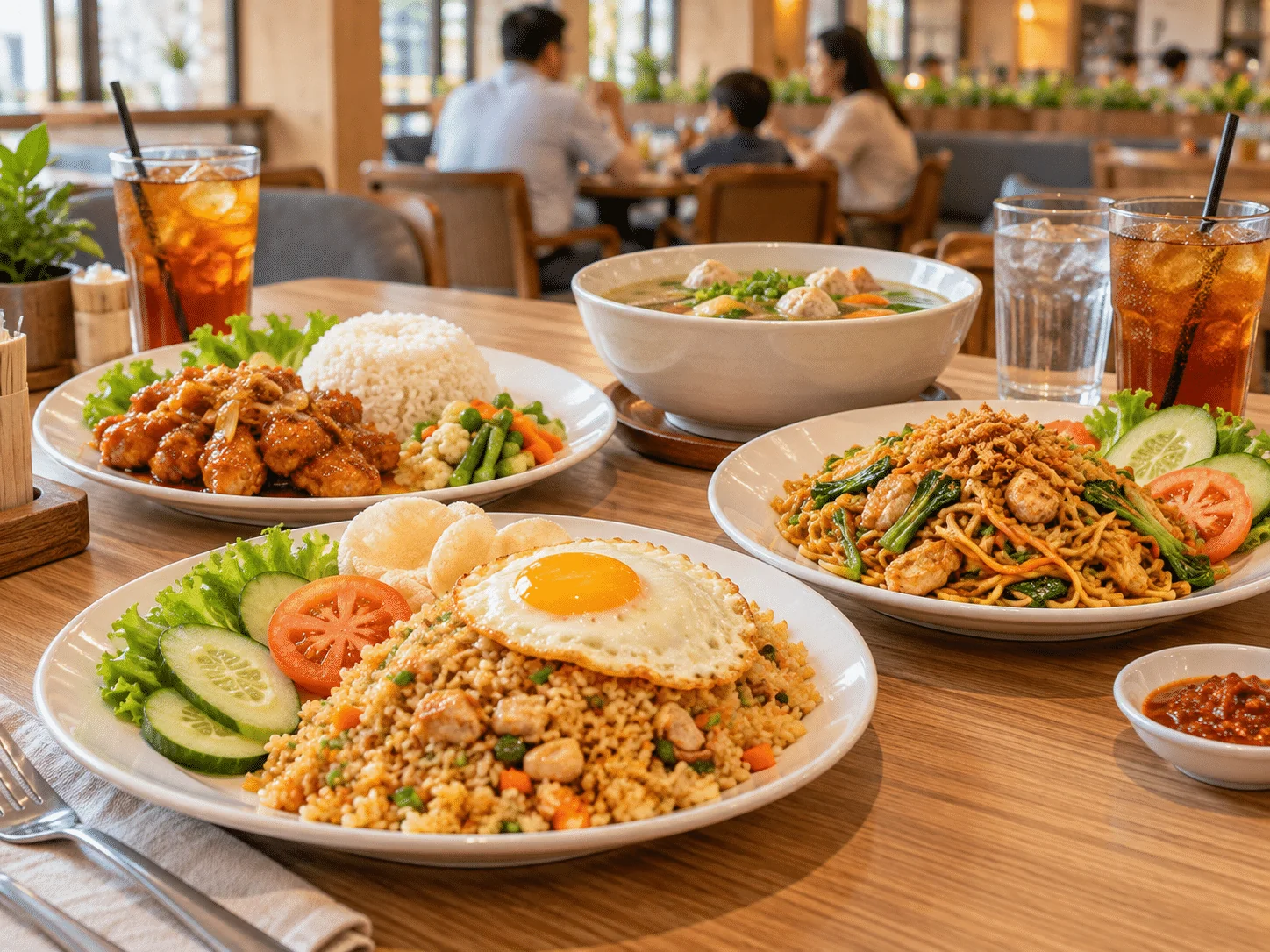 Nasi goreng telur, mi goreng, ayam, dan sup di meja restoran dengan keluarga di latar belakang.