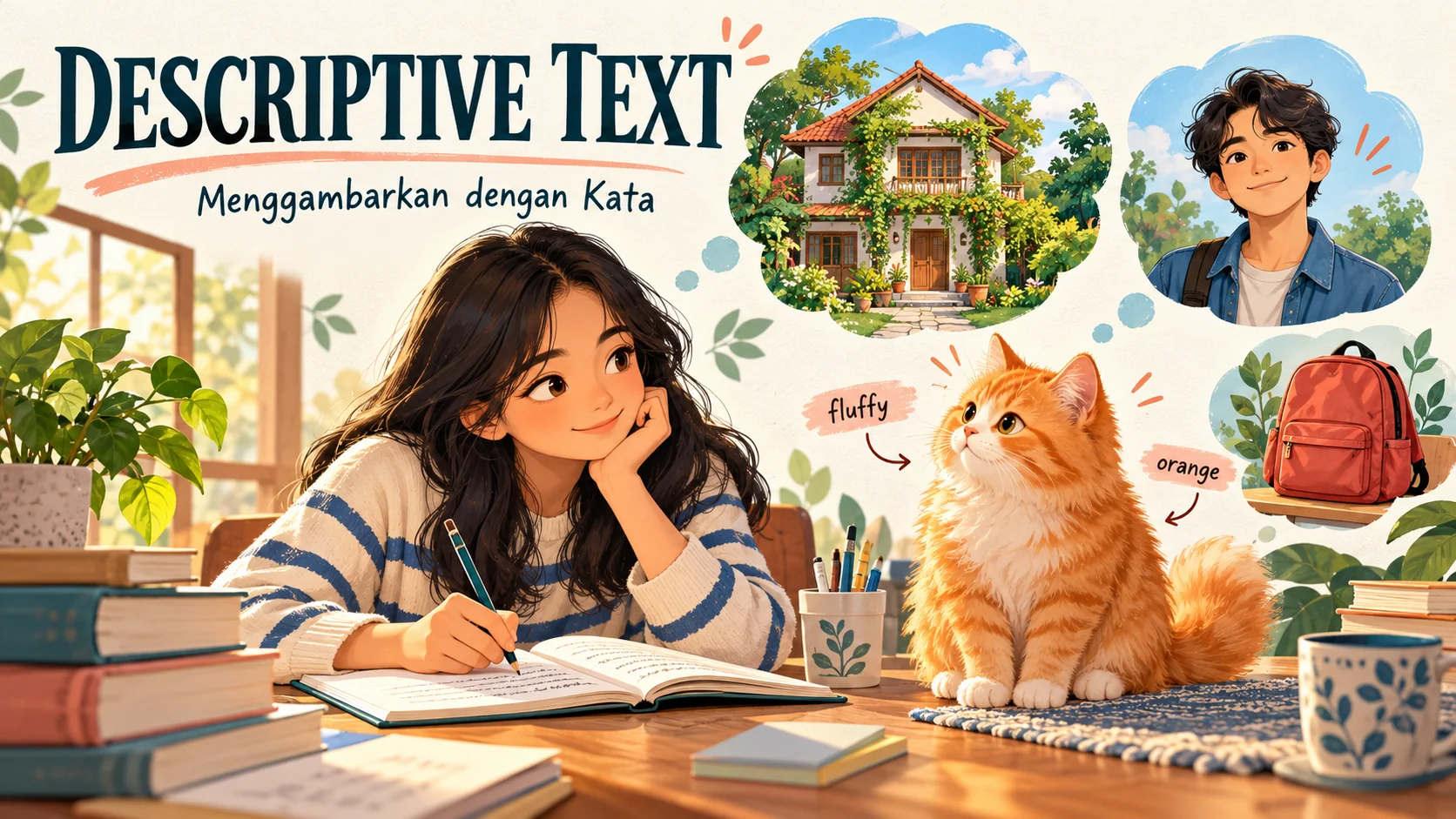 Ilustrasi pelajar menulis descriptive text sambil mengamati kucing oranye, dengan gambar rumah, seorang laki-laki, dan tas.