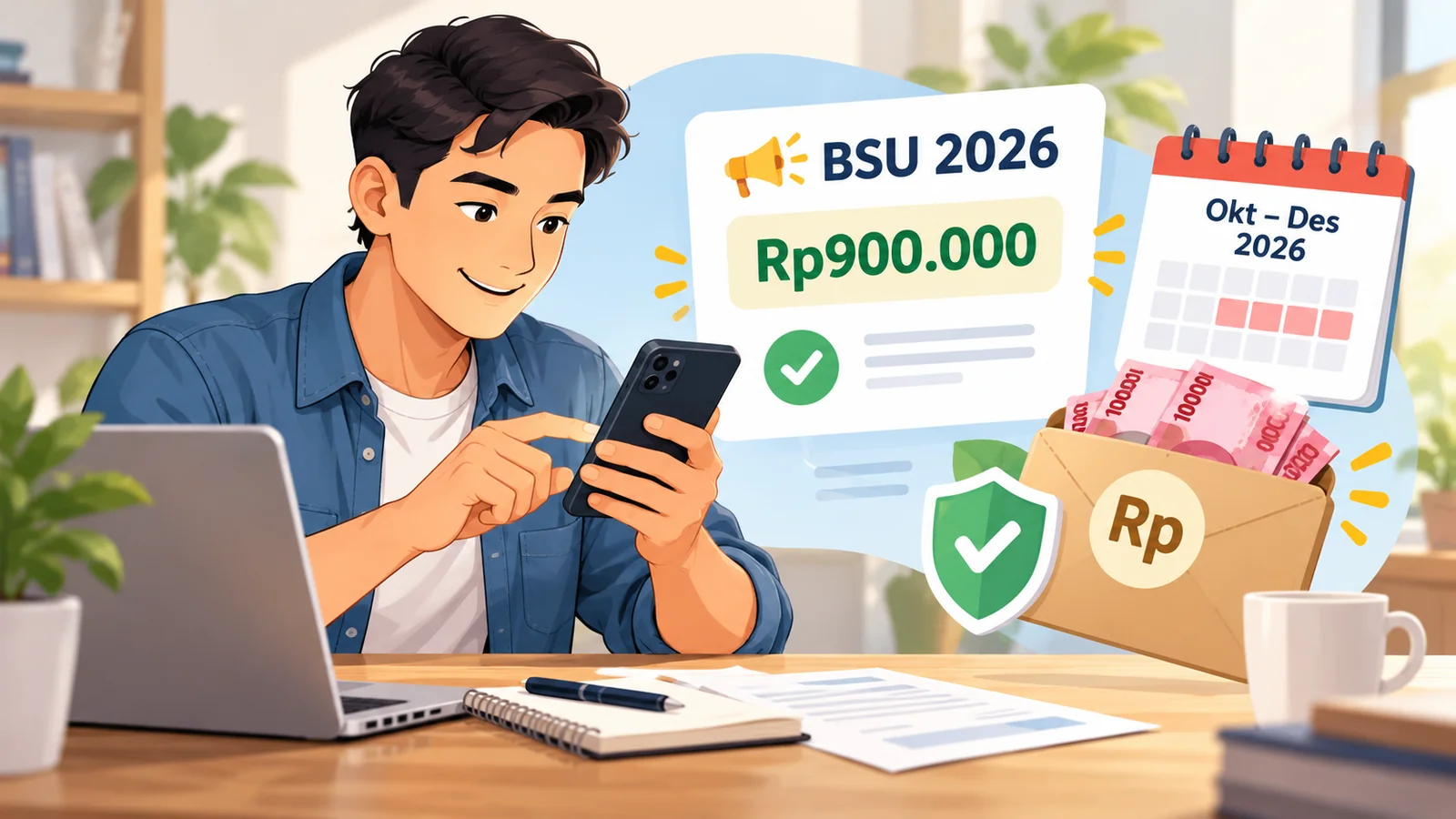 Ilustrasi pekerja memeriksa informasi BSU 2026 Rp900.000 melalui ponsel, dengan kalender Oktober–Desember 2026 dan simbol keamanan.