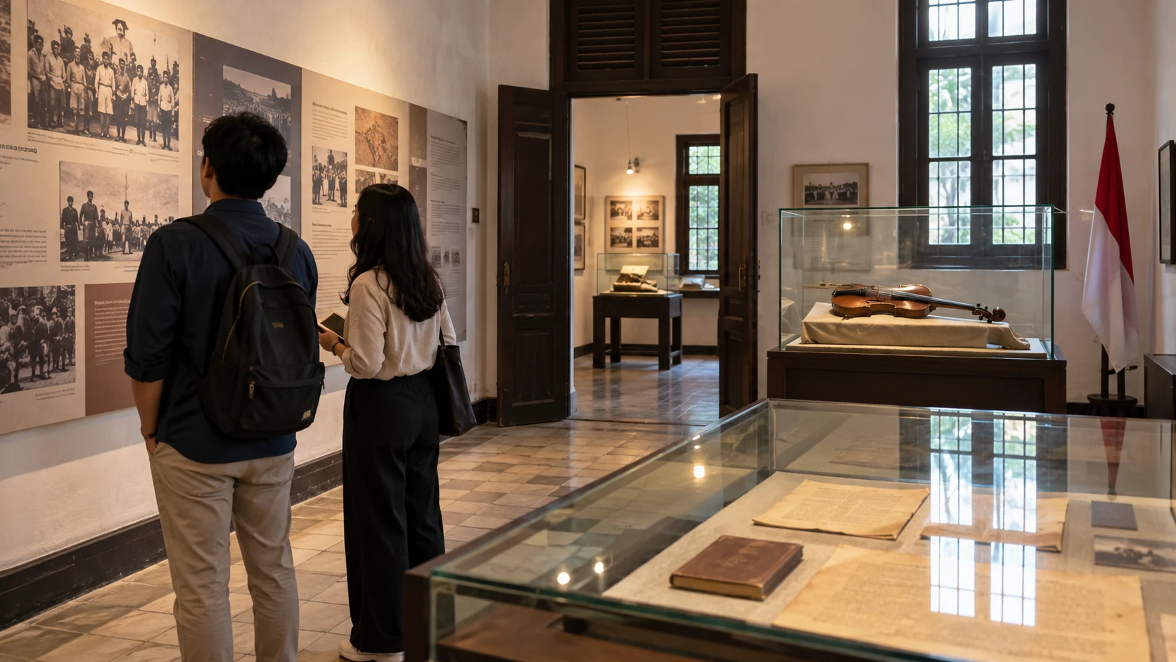 Dua pengunjung membaca panel di ruang museum dengan pajangan dokumen, biola, dan bendera Indonesia.