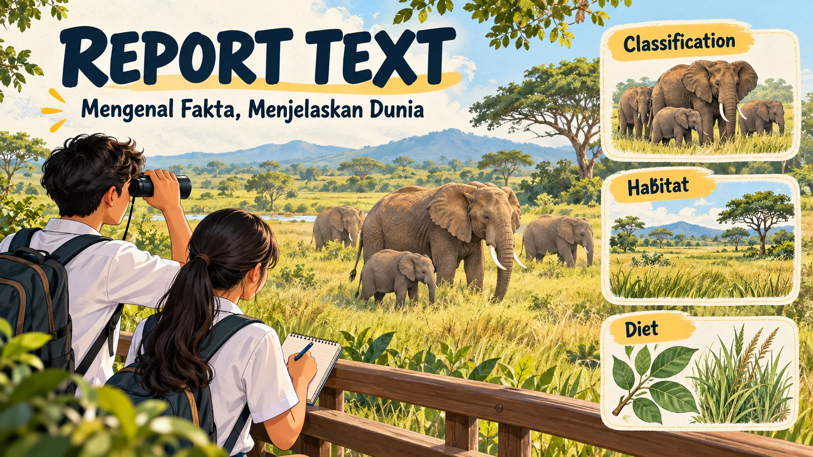 Ilustrasi report text: dua pelajar mengamati gajah dan mencatat informasi, disertai gambar klasifikasi, habitat, dan makanan.