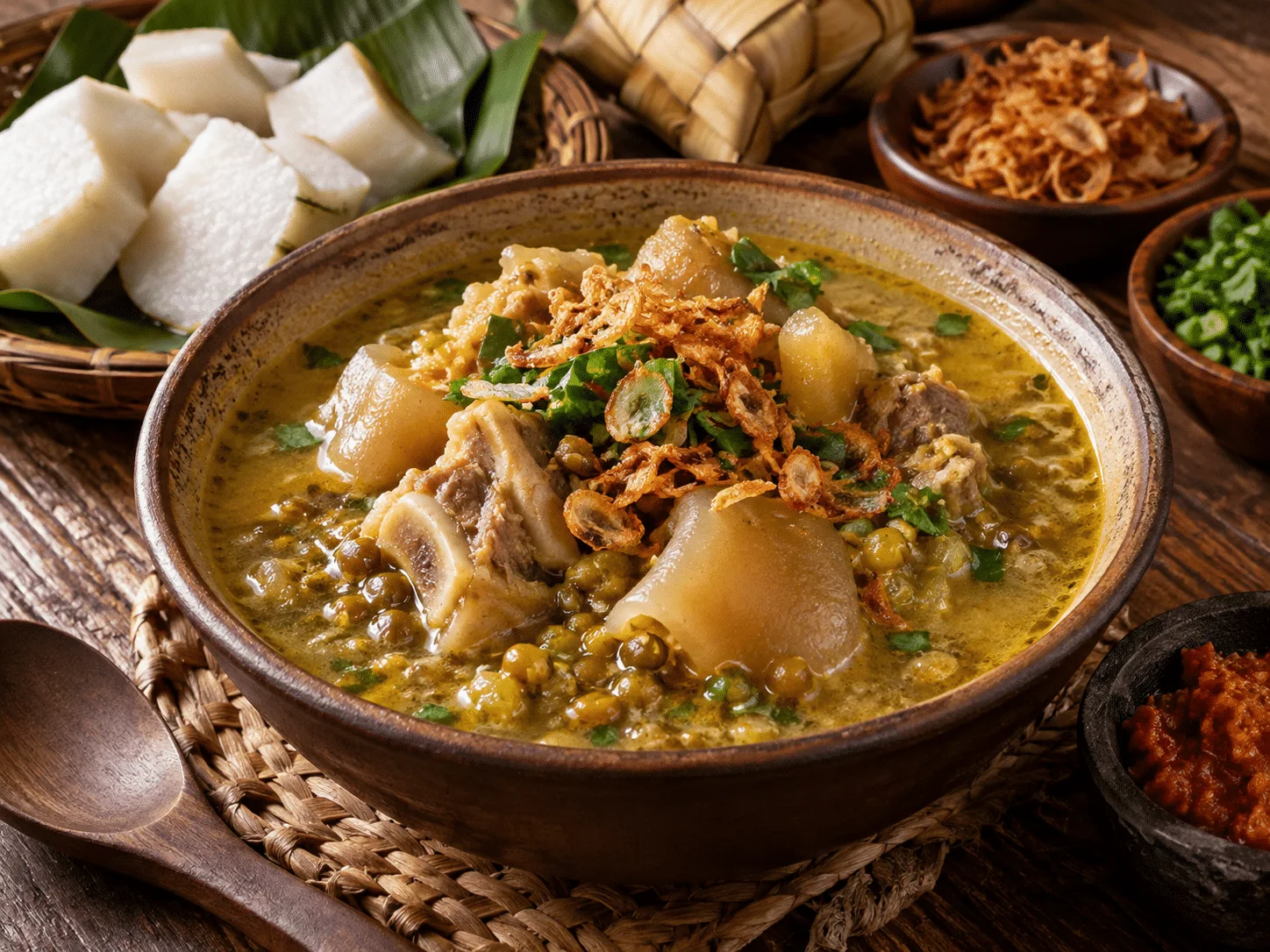 Hidangan khas Nusantara berkuah kuning dengan potongan daging, bawang goreng, daun bawang, dan ketupat.