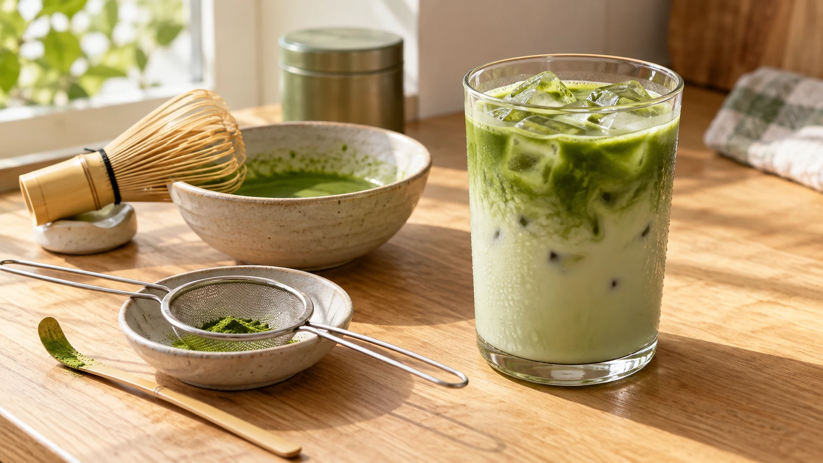 Segelas matcha latte dingin di meja kayu dengan mangkuk matcha, pengocok bambu, dan saringan halus.