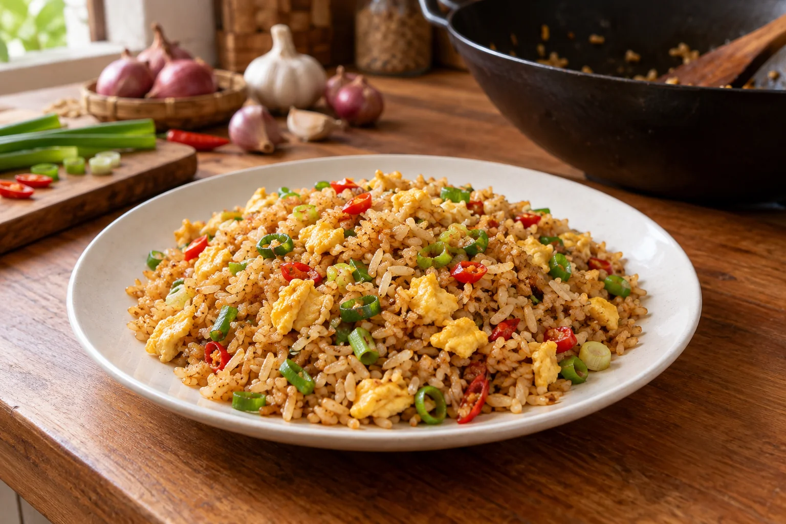 Nasi goreng dengan butiran terpisah, telur orak-arik, daun bawang, dan cabai di piring putih.