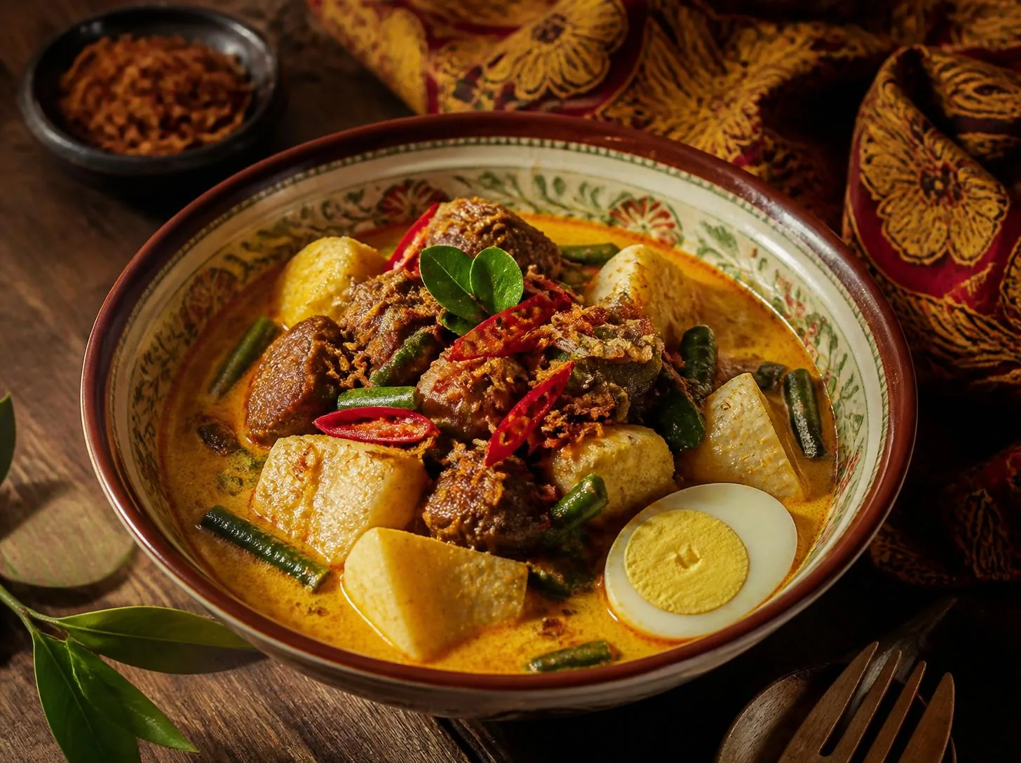 Topak Ladeh khas Madura dengan kuah santan kuning, potongan daging, telur rebus, sayuran, dan irisan cabai merah.