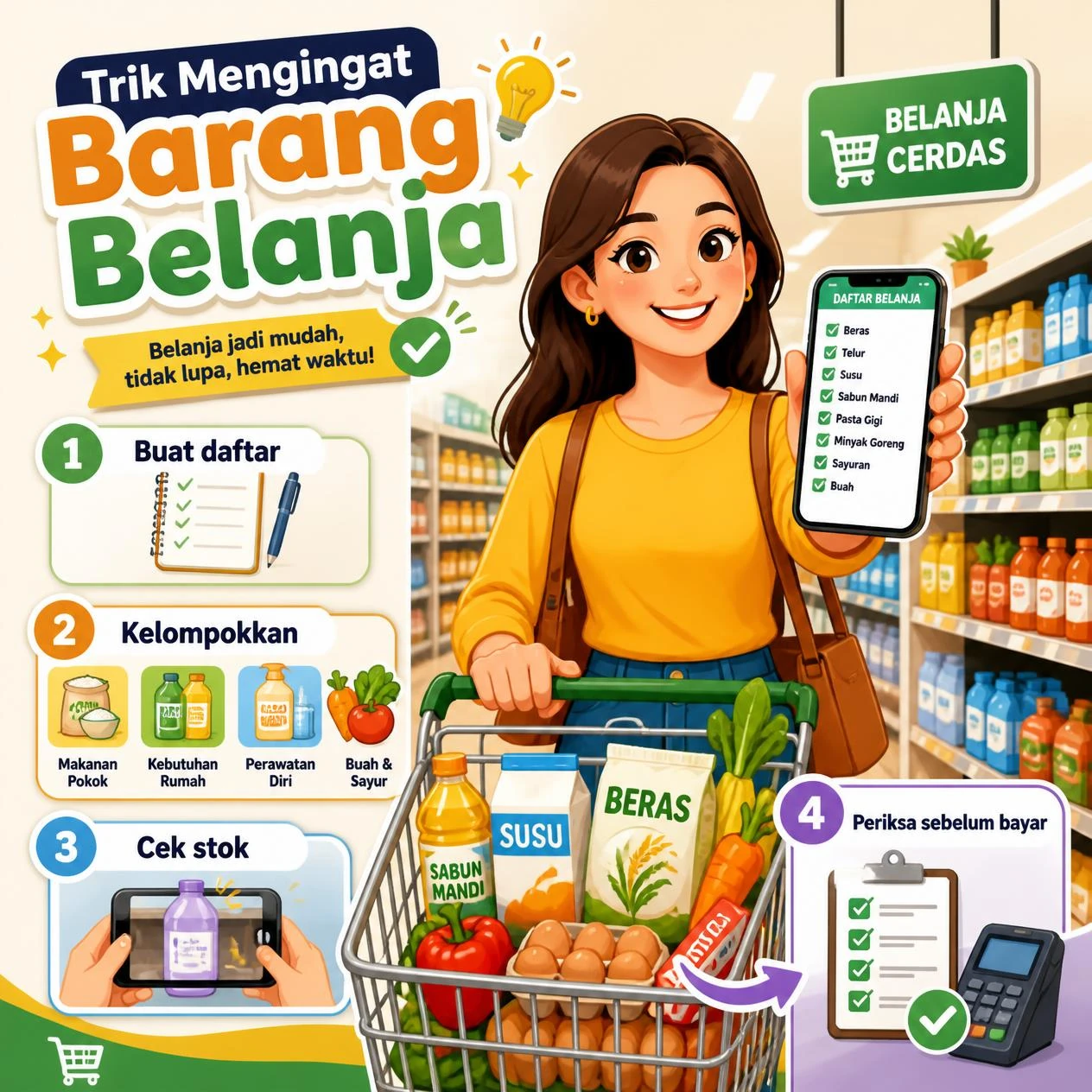 Infografik trik mengingat barang belanja: buat daftar, kelompokkan barang, cek stok, dan periksa sebelum membayar.