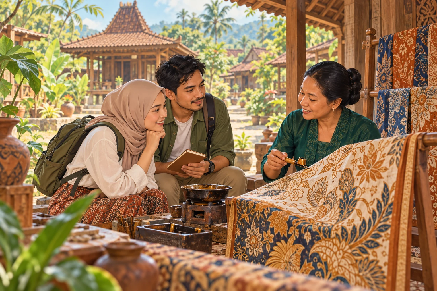 Ilustrasi dua wisatawan menyimak perajin membatik dengan canting di lingkungan rumah tradisional Jawa.