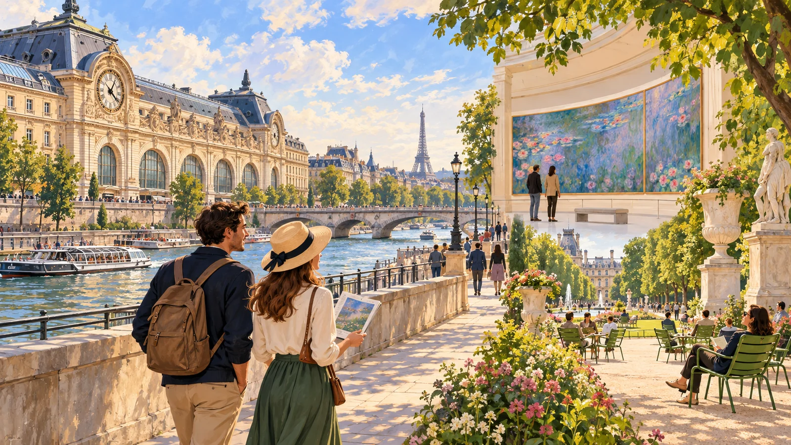 Ilustrasi wisata seni Paris dengan Musée d’Orsay, Sungai Seine, galeri lukisan Monet, dan Jardin des Tuileries.
